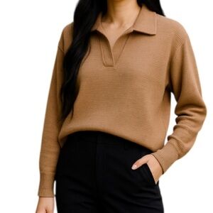 Ginger G Taupe Brown Collared Sweater Split V-Neck Horizontal Rib M